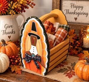 Wood Turkey Basket Thanksgiving Fall Harvest Decor Folk Art Pumpkin Caddy